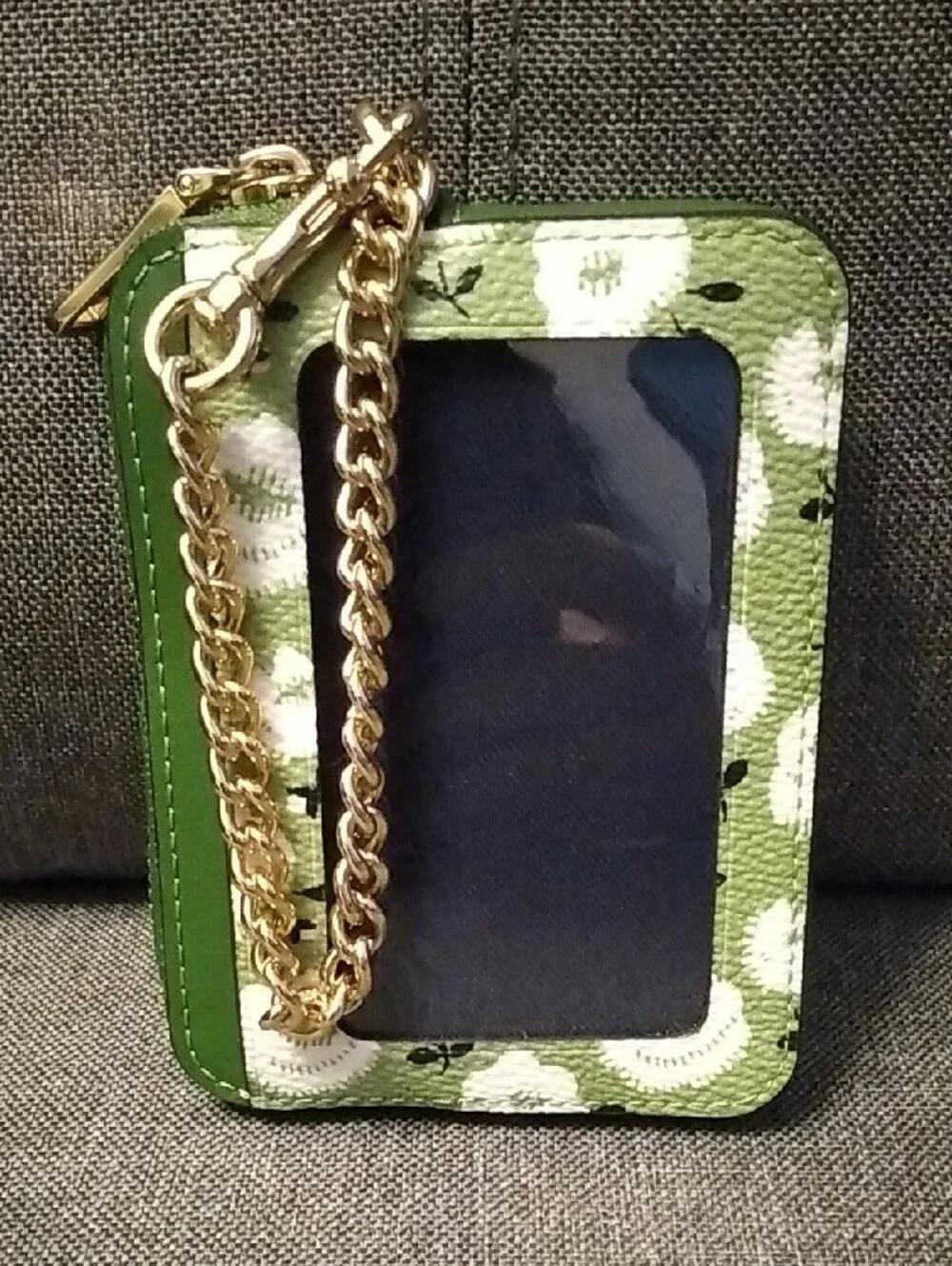 COACH Green Floral Zip Card Holder with Gold Chain Accent